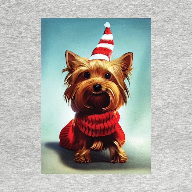 Christmas Yorkshire Terrier in a Festive hat and sweater by Geminiartstudio